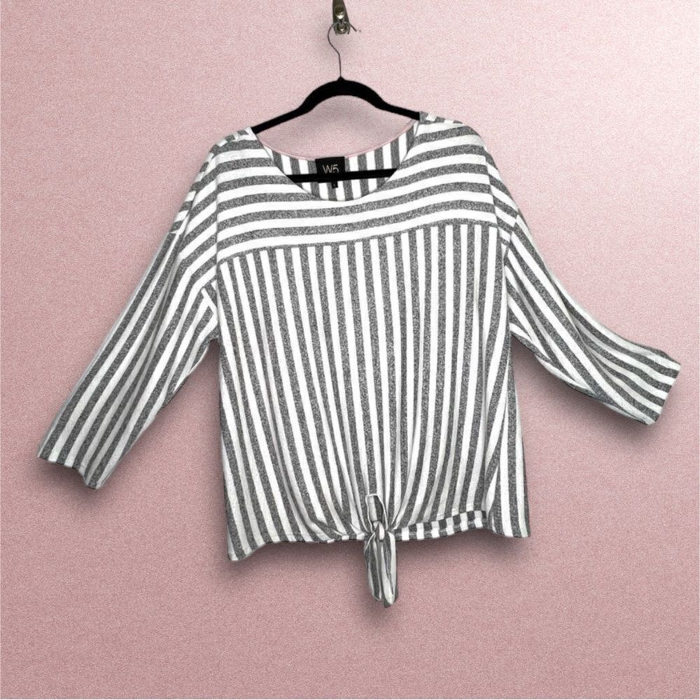 ANTHROPOLOGIE W5 Grey Striped Knit Long Sleeve Tie Hem Top Size large